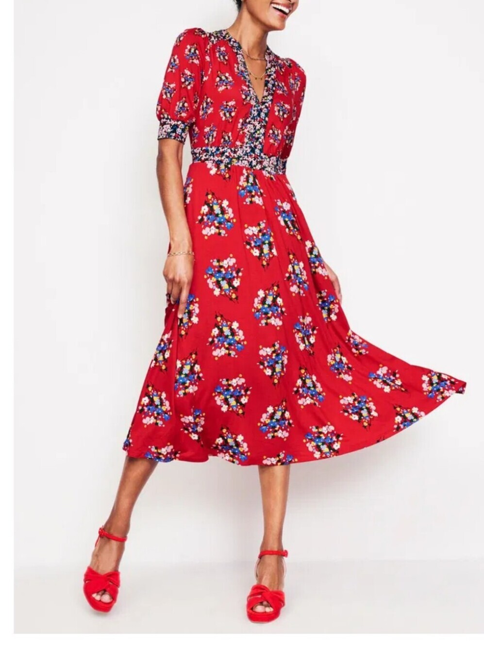 Boden Lily red floral midi dress gathered puff sleeves Pockets Stretch 2,4,6